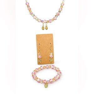 Czech Glass Rose & Leaf Jewelry Set- 3 PC Set- Earrings Necklace & Bracelet